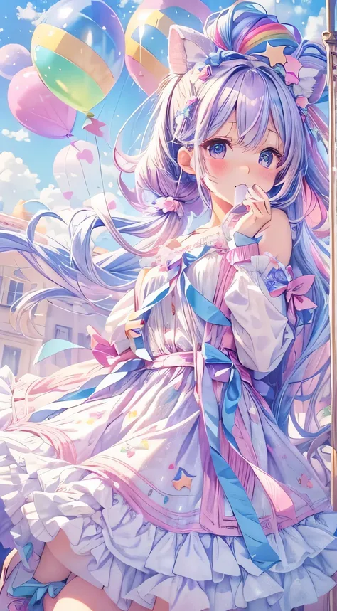 (whole body, legs and shoes visible: 1.2)) Expressive eyes, woman, Pale skin, Long Hair, Windblown Hair, ((absurdly Long Hair)), Long side locks, Princess bangs, hair bangs, Hair Bun, ((Very long twin tails)), Rainbow Hair, Light pink hair, Blushing, full ...