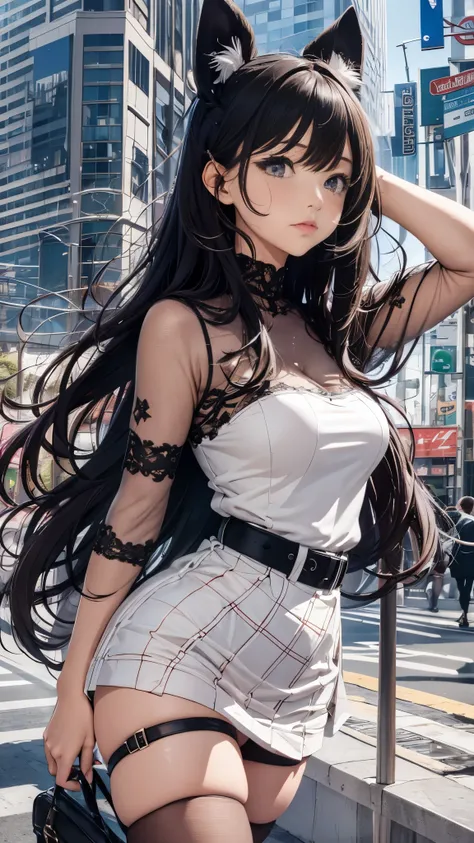 ((masterpiece, high quality, best quality, 8k, wallpaper, fine lineart, highly detailed, absurdres)), 1girl, korean popstar, thighhighs, miniskirt, high heels, mesh top, long black hair, pretty hands, cameltoe, curly hair,