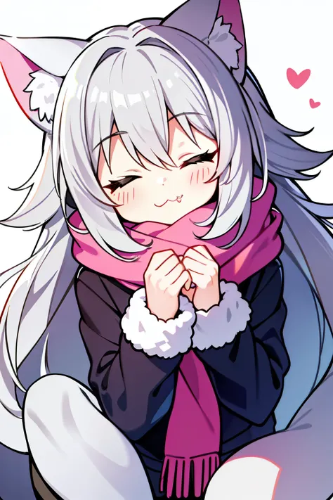 Masterpiece, Excellent, 1girl, gray hair, medium long hair, cat ears, closed eyes, looking at the audience, :3, cute, scarf, jacket, white background, fang, high quality, UHD