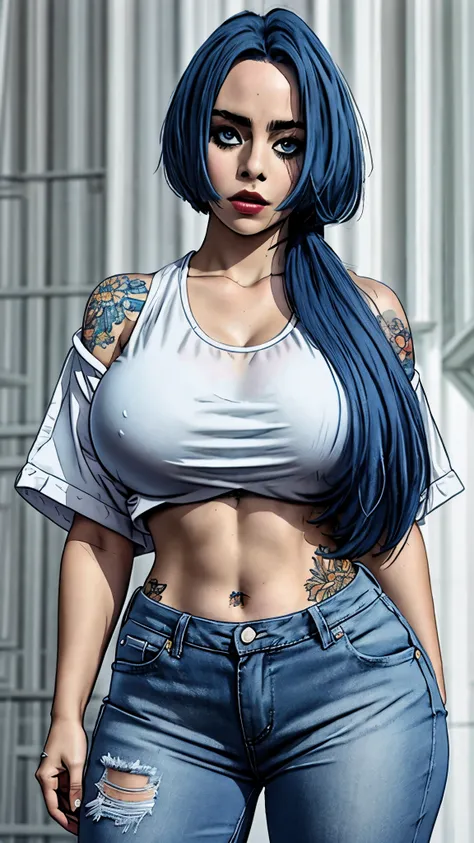 Noah, wind breaker, blue hair, white t-shirt, blue jeans, highly detailed, masterpiece, Hyperrealistic artwork, standing, looking at camera, large breast, Thick thighs, curvy hips, tatto on right shoulder 