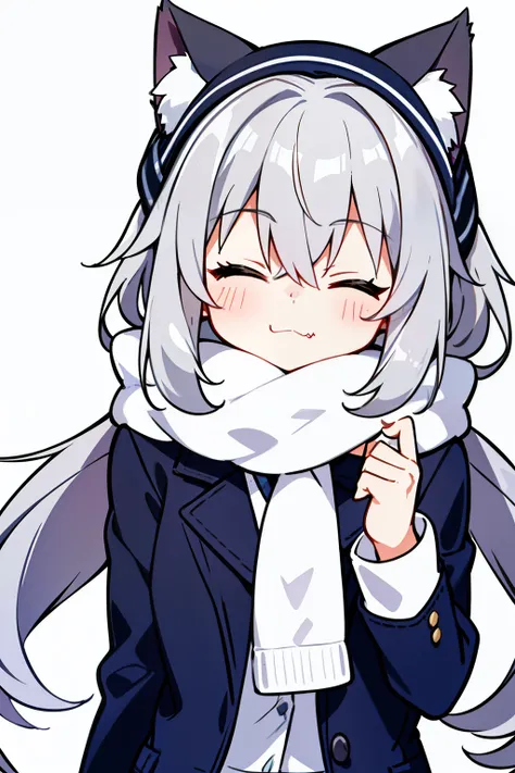 Masterpiece, Excellent, 1girl, gray hair, medium long hair, cat ears, closed eyes, looking at the audience, :3, cute, scarf, jacket, white background, fang, high quality, UHD