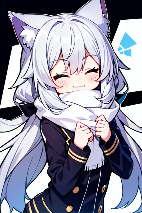 Masterpiece, Excellent, 1girl, gray hair, medium long hair, cat ears, closed eyes, looking at the audience, :3, cute, scarf, jacket, white background, fang, high quality, UHD