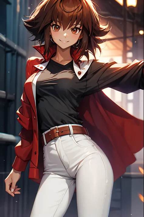 yuuki judai, 1girl,(female:1.5), brown hair, solo, red jacket, bangs, black shirt, open jacket, hair between eye, long hair, smi...