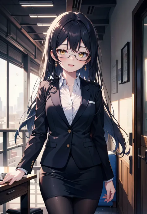 You are very kind, umi sonoda, Long Hair, Blue Hair, (Yellow Eyes:1.5) (Flat Chest:1.2),happy smile, smile, Open your mouth,OL, Akagi glasses, black suit jacket, Collared jacket, White dress shirt, Collared shirt, Neckline, button, Black pencil skirt, Blac...