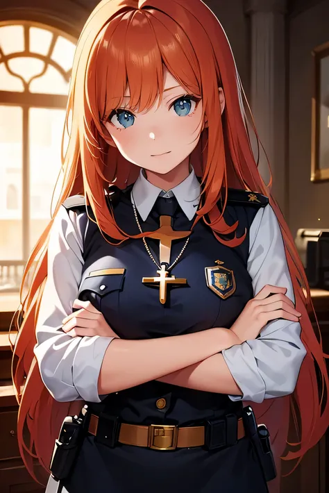 Ginger hair, long hair, straight bangs, police officer, police uniform, woman, illustrations, high-quality, ultra-detailed, realistic, vivid colors, portraits, warm tones, soft lighting. ((Necklace with a cross)) Crouched down.( Patrolling)