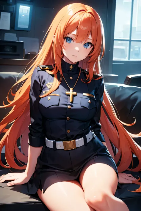 Ginger hair, long hair, straight bangs, police officer, police uniform, woman, illustrations, high-quality, ultra-detailed, realistic, vivid colors, portraits, warm tones, soft lighting. ((Necklace with a cross)) Crouched down.( Patrolling)