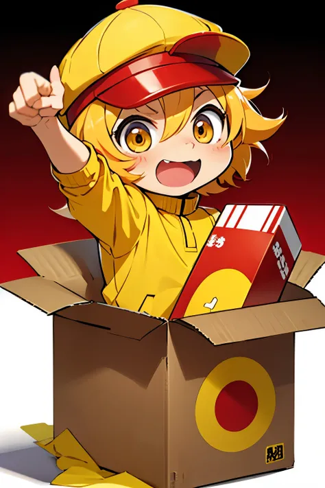 chibi anime style, sticker, delivery man character, uniform, wearing yellow with red details, holding a box, cap on head, cheerful, detailed, 8k, white background, in the center of the image blurred edges, exciting delivery pose