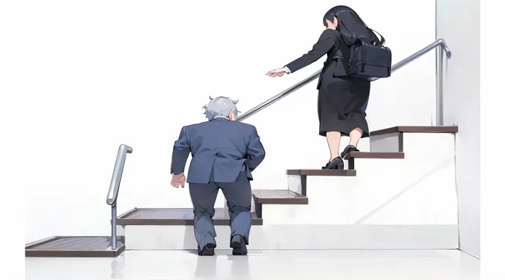 arafed business man and woman walking up a set of stairs, coming down the stairs, about to step on you, by Yokoyama Taikan, by Tomioka Tessai, walking to the right, illustration], by Ayako Rokkaku, staircase, stairway, by Oka Yasutomo, by Kose Kanaoka, [ r...