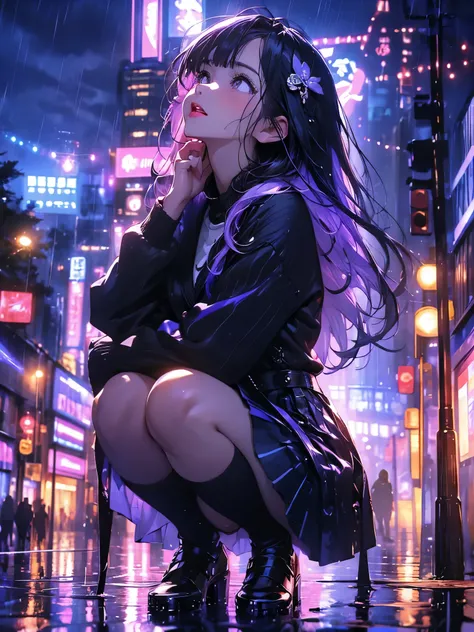 (masterpiece, highest quality:1.2), One girl,Blue pubic hair catches my eye、High resolution、highest quality、Illustration Style、pretty girl、Purple long hair、Sparkling Eyes、lipstick、Skeleton dress、rain、rain宿り,Wet Hair、Wet clothes、See-through underwear、Purple...