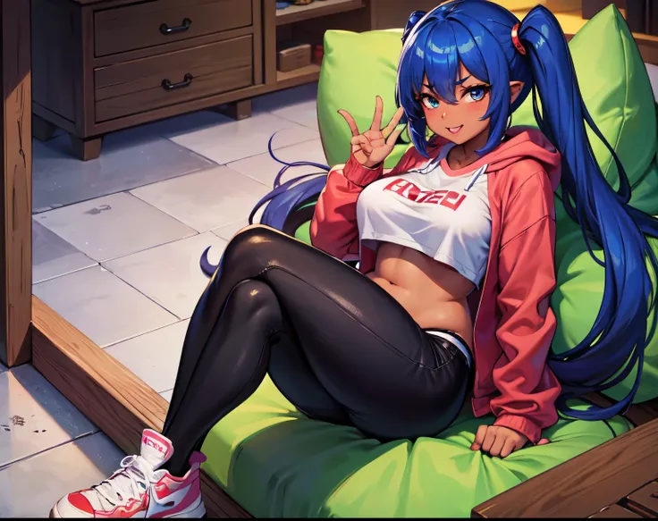 goblin girl, blue hair, very long hair, dark_ skin, dark skin goblin, wide body, very dark skin girl, busty, hair between eyes, ...