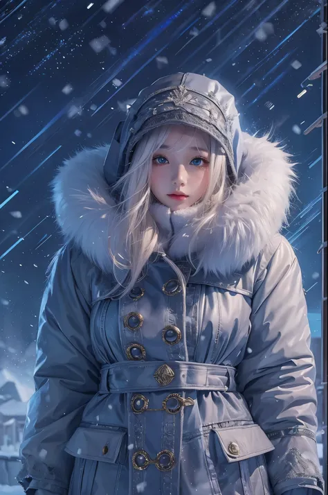 (masterpiece, highest quality),
Its snowing.
Composition of a woman standing under a snowy night sky. Her face is important.
Her eyes are bright green and her hair is light blue and white, long and fluffy.
She is wearing a down jacket and is putting on her...