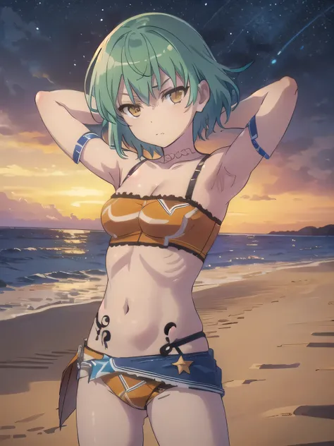  solo, 1girl, hikage, crop top, tattoo, off shoulder, looking at viewer, best quality, v-eyebrows, solo, night sky, beach, arms behind head, short hair, contrapposto, spread armpits, closed mouth, expressionless, (cowboy shot:1.5),