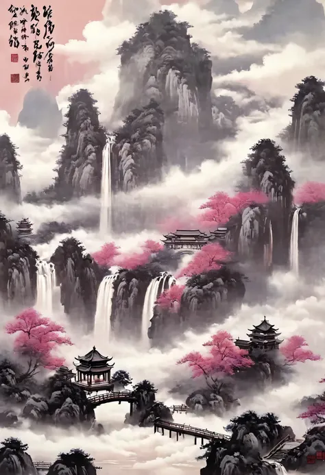 A magnificent landscape painting，Fine-brush Painting，Inspiration comes from thousands of miles of mountains and rivers，Map of Fuchun Resort，Expression techniques of cirrus clouds，Flat illustration，traditional Chinese painting，Chinese landscape painting，old...