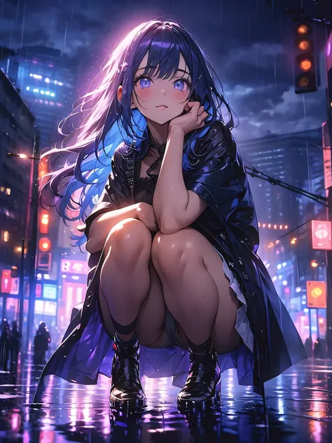 (masterpiece, highest quality:1.2), One girl,Blue pubic hair catches my eye、High resolution、highest quality、Illustration Style、pretty girl、Purple long hair、Sparkling Eyes、lipstick、Skeleton dress、rain、Rain,Wet Hair、Wet clothes、See-through underwear、Purple u...