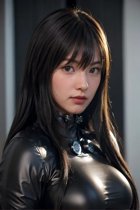 put hands cheek,(embarrassed face:1.4),(blush:1.4),reika\(gantz black suit\), (8k, best quality, masterpiece:1.2), (realistic, p...