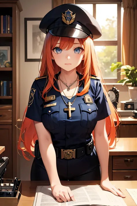 Ginger hair, long hair, straight bangs, police officer, police uniform, woman, illustrations, high-quality, ultra-detailed, realistic, vivid colors, portraits, warm tones, soft lighting. ((Necklace with a cross)) Crouched down. Woman. (police motorcycle)