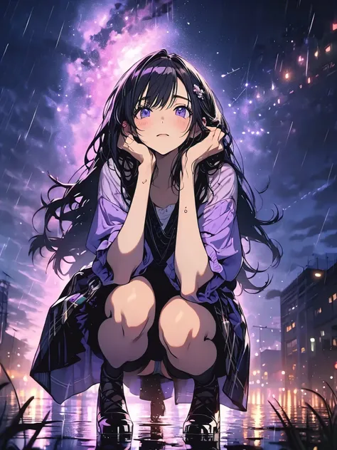 (masterpiece, highest quality:1.2), One girl,Blue pubic hair catches my eye、High resolution、highest quality、Illustration Style、pretty girl、Purple long hair、Sparkling Eyes、lipstick、Skeleton dress、rain、Rain,Wet Hair、Wet clothes、See-through underwear、Purple u...