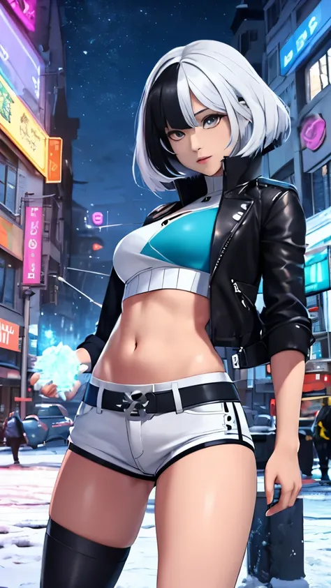 (Highly quality, masterpiece, detailed), night snowing city detailed scenario, night snowing city detailed background, 20 years old girl, solo, luna_snow, black hair, white hair, multi-colored hair, short hair, blue eyes, white eyes, multicolored eyes, bla...