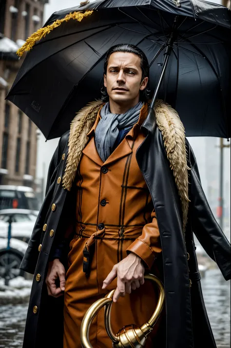 masterpiece, best quality, extremely detailed, hyperrealistic, photorealistic, a cool 40s man, ultra detailed face:1.2, fur-trimmed coat, scarf around the neck, his left hand is a golden pirate hook:1.1, from below, distant view shot, city, rainy, holding ...