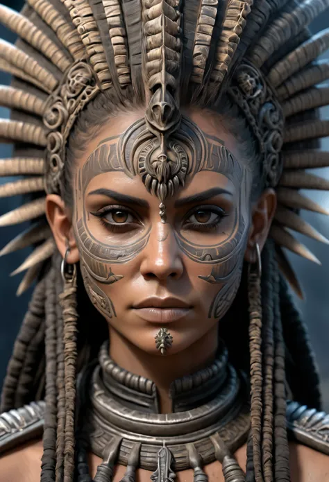 female aztec warrior, mad max style, (artstation:1.1), (intricate:1.1), solo, female, looking at viewer, photorealistic, 8k, unr...