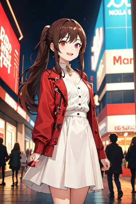 1girl,20y.o,midi dress,brown hair,mullet haircut,long hair,ponytail hairstyle,light red eyes,Mall background, happy expression
