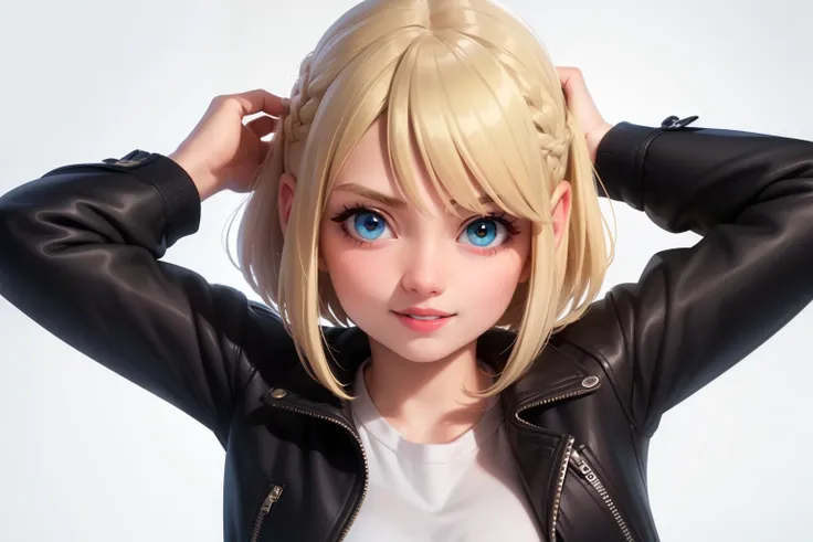 white girl, thicc, solo, upper body, looking at viewer, white background, bob cut, (long hair), bows in hair, heterochromia eyes, blonde hair, red lips, eyeliner, smile, jacket, SAM YANG art style, cute, full_body