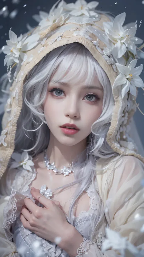 （8k， RAW photos， Best quality， masterpiece：1.2），（Realistically， Shoot real：1.4)，hide your face from sadness，
Lolita clothing，Lace， Iris Gainsborough， Upper part of the body， underwear，Expose bare shoulders， external， (external，Covered with snow，cloak)， Hig...