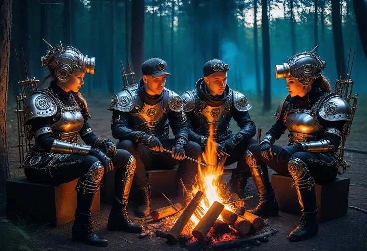 3 complex cyborgs are sitting in the forest at night near campfire and frying metal gears on skewers, high detail, cyborgs are s...