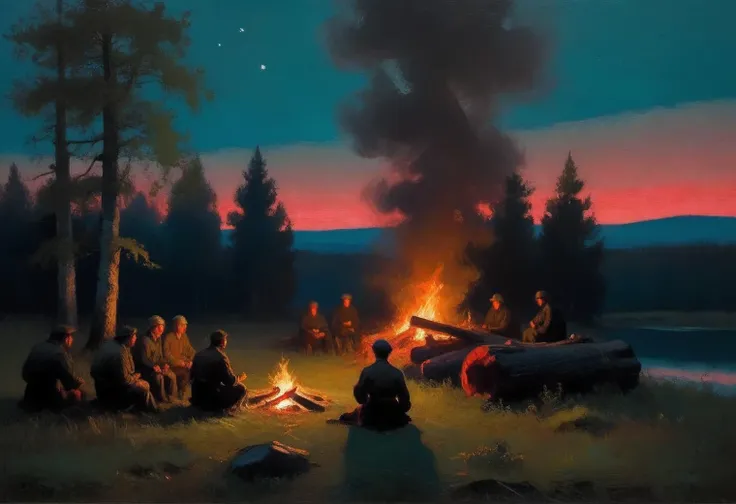 Painting by the artist Arkhip Kuindzhi, Campfire in the night forest, oil on canvas, full compliance with the style of Arkhip Kuindzhi, inspired by Albert Bierstadt, Jacek Jerk, pastel tones, the style of Arkhip Kuindzhi prevails, Night, dark background, l...