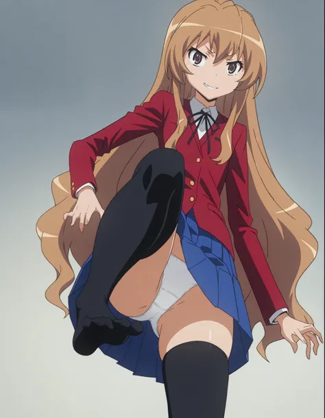 (masterpiece), best quality, expressive eyes, perfect face, toradora!, aisaka_taiga, highres, 1girl, black_ribbon, blazer, blue_skirt, brown_eyes, brown_hair, collared_shirt, long_hair, long_sleeves, looking_at_viewer, neck_ribbon, seductive grin, oohashi_...