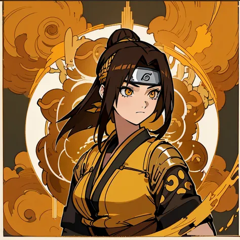 1girl, shoulder-length dark brown hair with streaks of gold, eyes are a deep amber with a metallic sheen, wears a black and gold-trimmed shinobi attire with intricate patterns resembling honeycombs, naruto headband, big breasts, bee themed, portrait