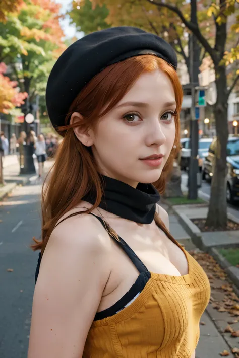 arafed woman with red hair and a black top and a yellow scarf, better known as amouranth, amouranth, wearing a french beret, young beautiful amouranth, an oversized beret, wearing a beret, cute young redhead girl, jovana rikalo, wearing a chocker and cute ...