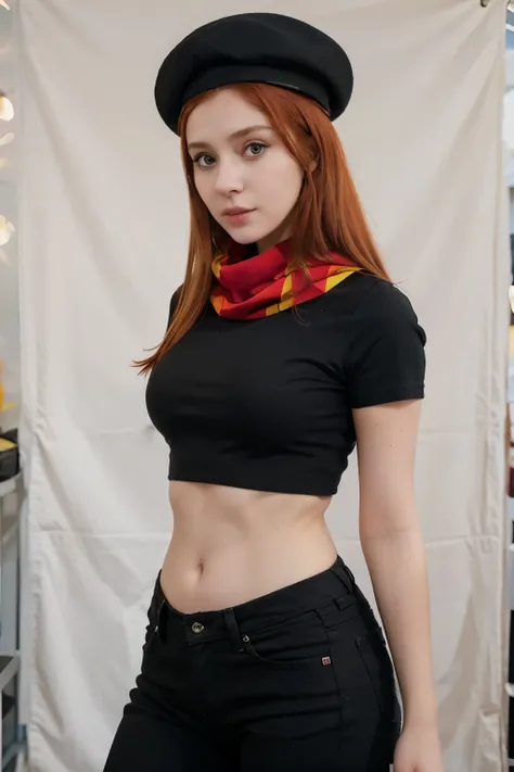 arafed woman with red hair and a black top and a yellow scarf, a portrait by Zofia Stryjenska, tumblr, op art, better known as amouranth, amouranth, wearing a french beret, young beautiful amouranth, an oversized beret, wearing a beret, cute young redhead ...