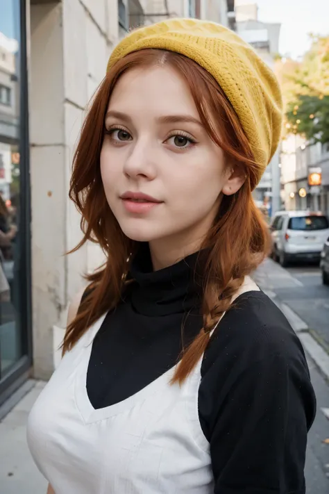 arafed woman with red hair and a black top and a yellow scarf, a portrait by Zofia Stryjenska, tumblr, op art, better known as amouranth, amouranth, wearing a french beret, young beautiful amouranth, an oversized beret, wearing a beret, cute young redhead ...