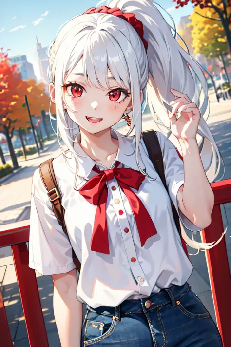 1girl,20y.o,blouse and shirt jeans,white hair,long hair,ponytail hairstyle, red eyes,park background, happy expression
