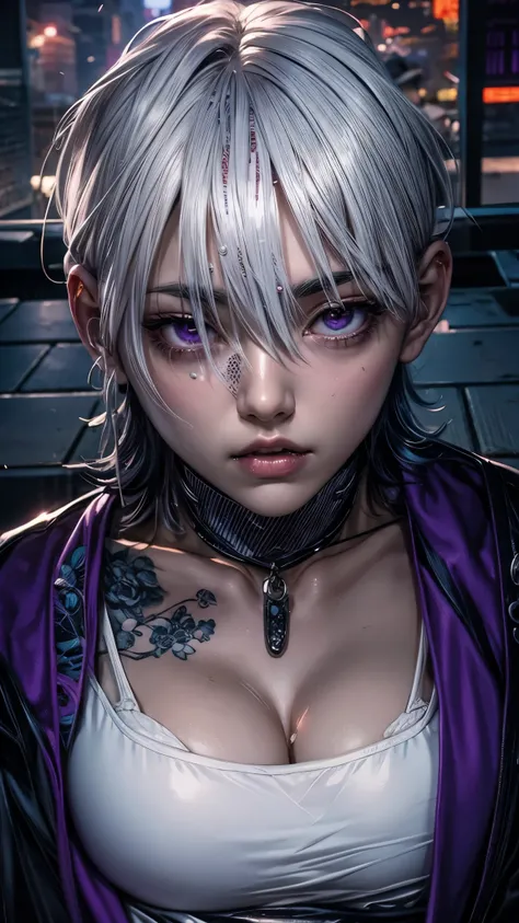 a woman with tattoos on her chest and chest, Takeda Kaneshiro, Wind Breaker, White hair, purple eyes, , , coloured manga scan, she has white hair, 4 k, gapmoe yandere, sui ishida art manga, subtle junji ito, rei hiroe wind breaker manga, manga character