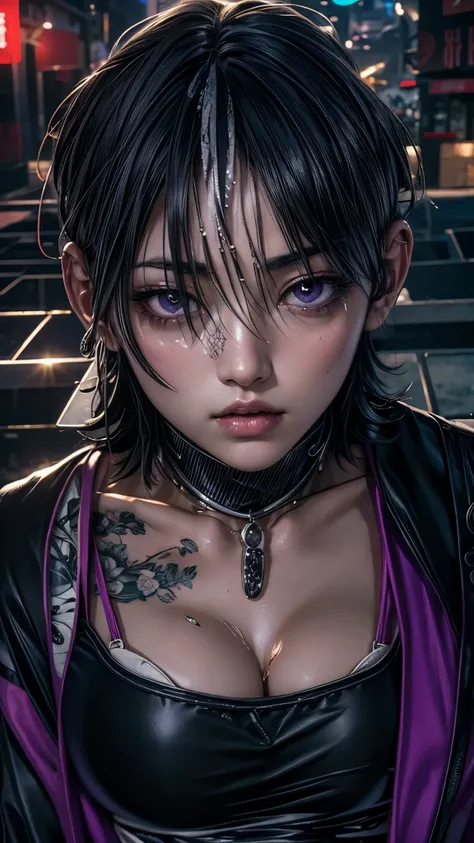 a woman with tattoos on her chest and chest, Takeda Kaneshiro, Wind Breaker, White hair, purple eyes, , , coloured manga scan, art style of junji ito, she has white hairs, 4 k, gapmoe yandere, sui ishida art manga, subtle junji ito, rei hiroe black lagoon ...