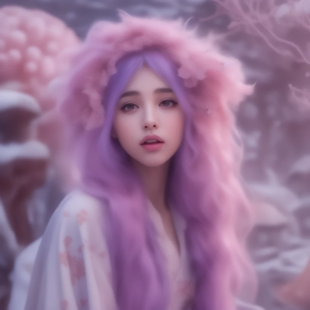 Snow hoop exclusion area 32K（tmasterpiece，k hd，hyper HD，32K）Long flowing purple-pink hair，Autumn Pond，zydink， a color， Tongzhou people （Girl with glowing eyes）， （Thin silk scarf）， Side squat position， looking at the ground， long whitr hair， Floating hair， ...