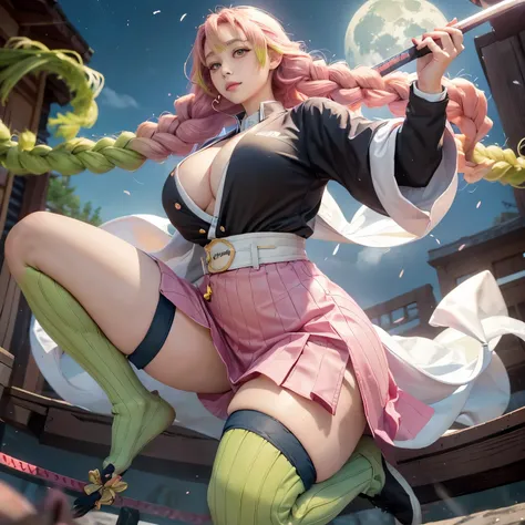 a woman with long pink hair in two braids (two braids) in a school shirt and short Japanese black skirt, long green socks, clad in a white kimono, a beautiful Japanese student woman, giant breasts, big cleavage, thick and curvy body, holding a sword, is ju...