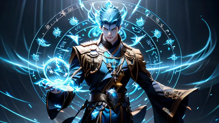 A 25-year-old young Chinese male, (Long black hair),(Chinese),(A pale yellow face), Pale face，White Hanfu，Gorgeous clothes,Holding a magic book in hand,whole body，Chinese Architecture，
(Blue flames swirling around:1.3), lightning，
Looking at the audience, ...