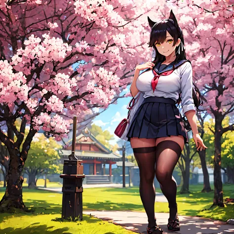 a woman wearing a japanese navy , short black skirt, thick brown tights, black hair, neko ears, yellow eyes, smiling, big breast...