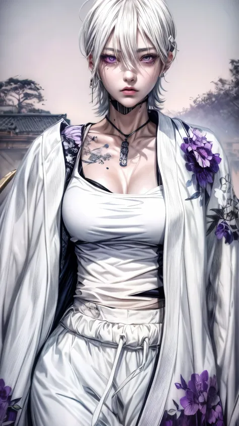 a woman with a tattoo on her chest and a white top, Takeda Kaneshiro, Wind Breaker, white hair, purple eyes, inspired by Kusumi Morikage, shikanosuke yagaki, anime character; full body art, yakuza slim girl, bleach manga style, style of hajime isayama, in ...