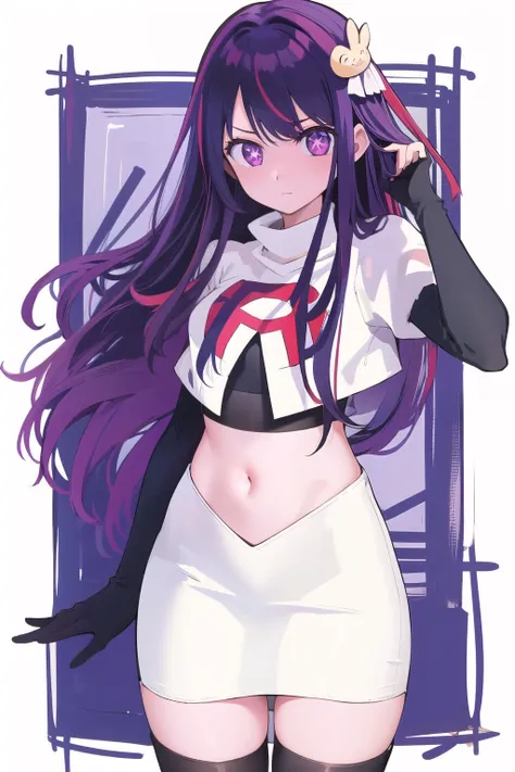 1girl, Hoshino Ai, long hair, purple hair, streaked hair ,purple eyes, star-shaped pupils, hair ornament, team rocket,team rocket uniform,white skirt,red letter R,crop top,black thigh-highs,black elbow gloves