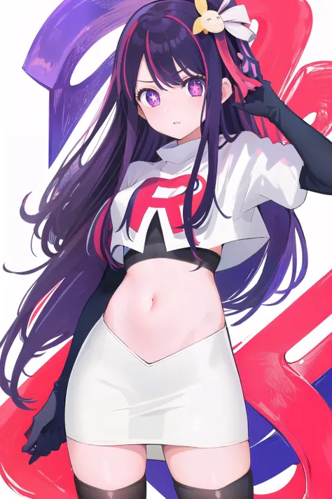 1girl, Hoshino Ai, long hair, purple hair, streaked hair ,purple eyes, star-shaped pupils, hair ornament, team rocket,team rocket uniform,white skirt,red letter R,crop top,black thigh-highs,black elbow gloves