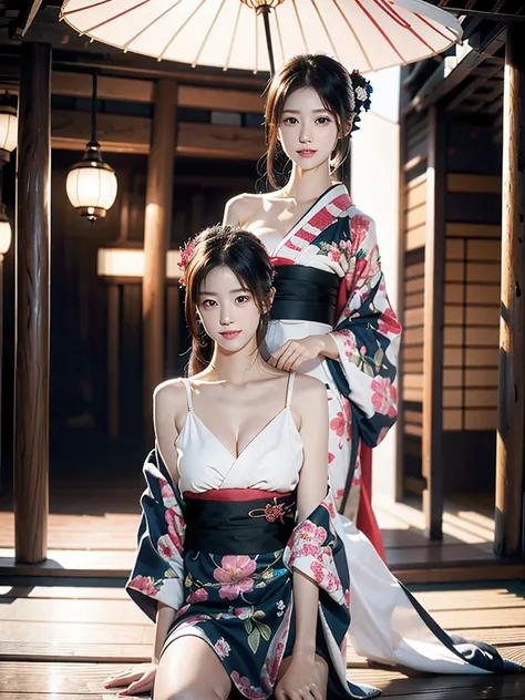 best quality, masterpiece, ultra high res, (photorealistic:1.4), RAW photo ,pale skin,Beauty、kimono、kimono、Beautiful Faces、slender、smile、whole body、Oiran、Show your shoulders、standing, raise one leg, oiran, japanese clothes,beautiful legs, japanese red umbr...