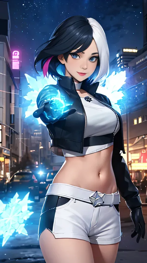 (Highly quality, masterpiece, detailed), night snowing city detailed scenario, night snowing city detailed background, 20 years old girl, solo, luna_snow, happy faces, black hair, white hair, multi-colored hair, short hair, blue eyes, white eyes, multicolo...