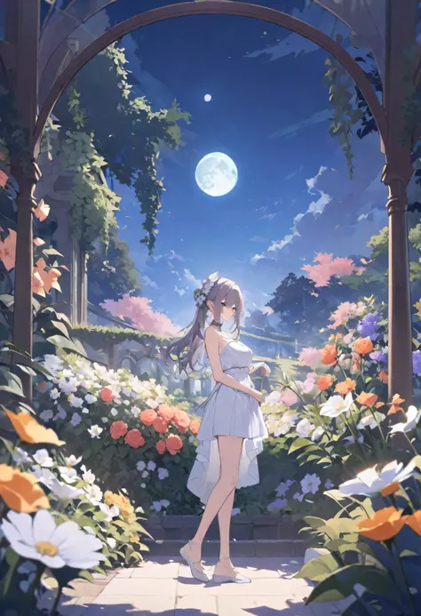 highest quality, expensive_solve, clear_image, Detailed Background ,girl, flower,garden,moon,