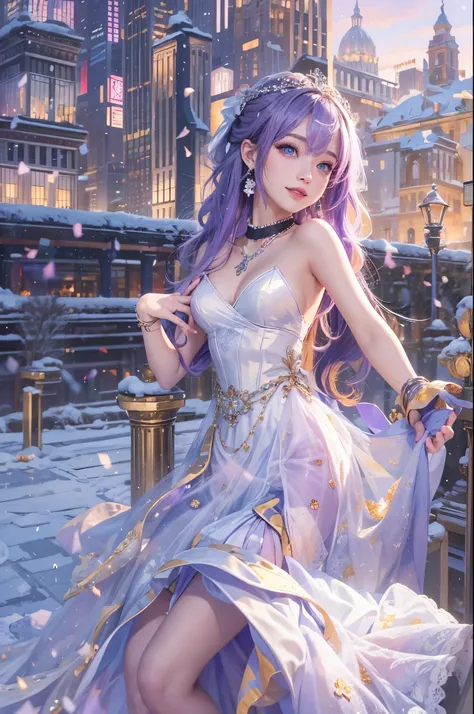 (Masterpiece), (Best quality), In winter, Sunset, Cityscape, (Huge_filesize), (Real), (Realistic), Girl, Long hair, Purple hair, Wavy hair, Makeup , Light smile, Blue eyes, Medium breasts, Wedding_dress, Bare_bshoulders, white thighhighs, Earrings, jewelry...