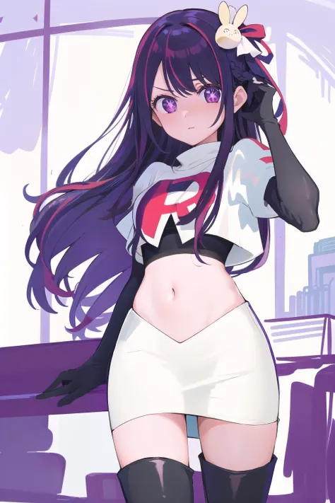 1girl, Hoshino Ai, long hair, purple hair, streaked hair ,purple eyes, star-shaped pupils, hair ornament, team rocket,team rocket uniform,white skirt,red letter R,crop top,black thigh-highs,black elbow gloves