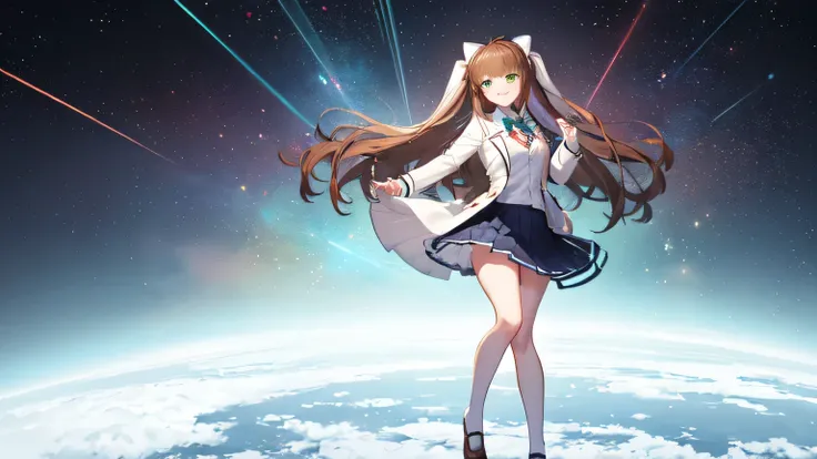 1 girl (( Monika, (Doki Doki Literature Club), brown hair, long hair, green eyes, white hairbow, blazer, brown almamater, long skirt, blue skirt, use a magic to right hand, star particle, looking smile for viewer, full body))((Spaceroom_background))